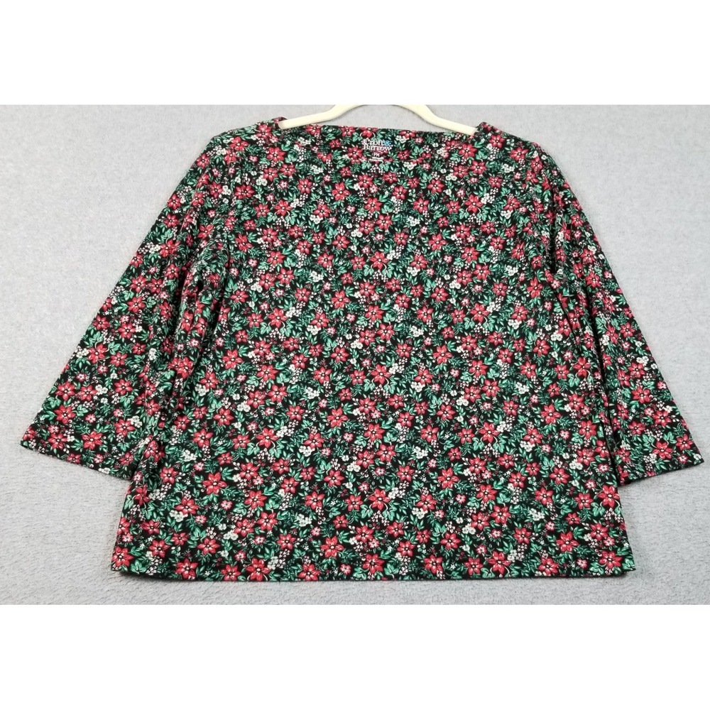 Croft & Barrow Top Women PM Petite Medium Red Green Floral 3/4 Sleeve Boat Neck